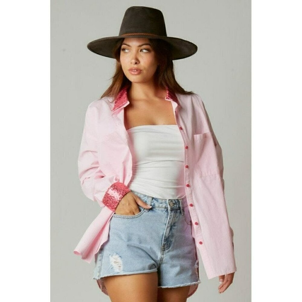 Made My Day Smile Sequin Outline Patch Shirt in Pink - Picture 7 of 10